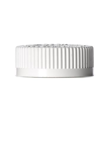 White PP plastic 38-400 child-resistant cap with foam liner and printed pressure sensitive (PS) liner