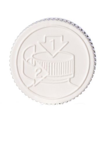 White PP plastic 38-400 child-resistant pictorial lid with Lift 'n' Peel heat induction seal (HIS) liner (for HDPE, LDPE, MDPE and PP plastic containers only)