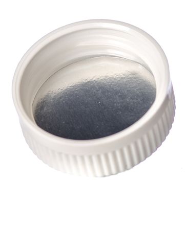 White PP plastic 38-400 child-resistant pictorial lid with Lift 'n' Peel heat induction seal (HIS) liner (for HDPE, LDPE, MDPE and PP plastic containers only)