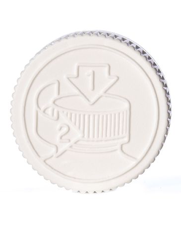 White PP plastic 38-400 child-resistant cap with printed pressure sensitive (PS) liner