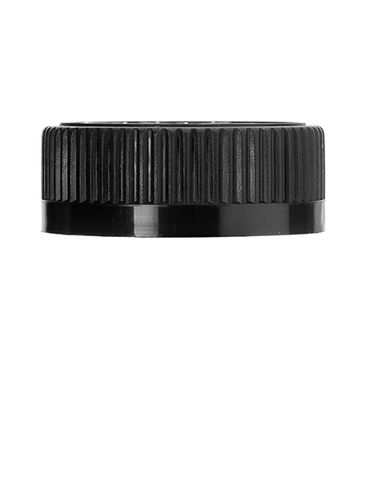 Black PP plastic 45-400 child-resistant pictorial lid with printed universal heat induction seal (HIS) liner