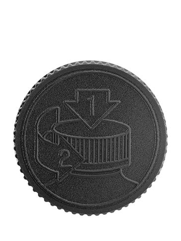 Black PP plastic 45-400 child-resistant pictorial lid with printed universal heat induction seal (HIS) liner