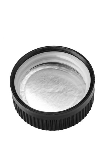 Black PP plastic 45-400 child-resistant pictorial lid with printed universal heat induction seal (HIS) liner