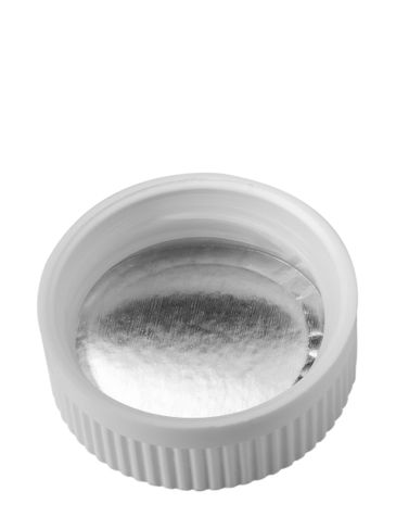 White PP plastic 45-400 child-resistant pictorial lid with printed universal heat induction seal (HIS) liner