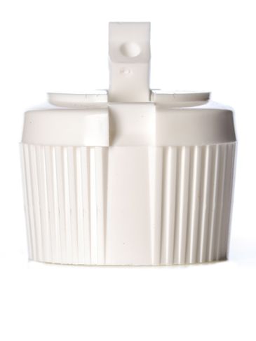 White PP plastic 28-410 ribbed skirt spouted dispensing cap (3 mm orifice)