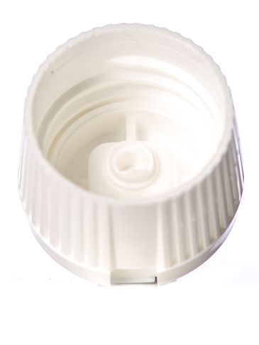 White PP plastic 28-410 ribbed skirt spouted dispensing cap (3 mm orifice)