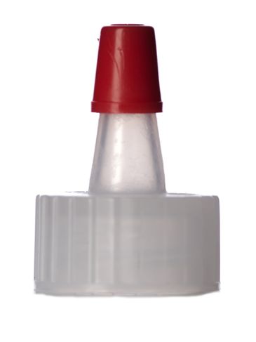 Natural-colored LDPE plastic 18-400 ribbed skirt unlined yorker spout with red tip