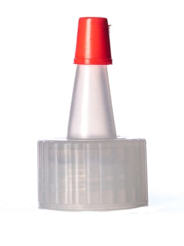 Natural-colored LDPE plastic 20-410 ribbed skirt yorker spout with red tip with printed pressure sensitive (PS) liner