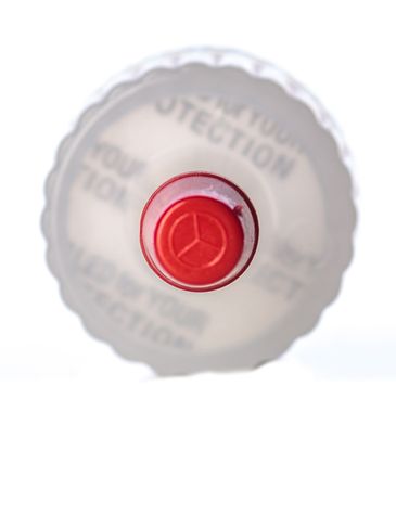 Natural-colored LDPE plastic 20-410 ribbed skirt yorker spout with red tip with printed pressure sensitive (PS) liner