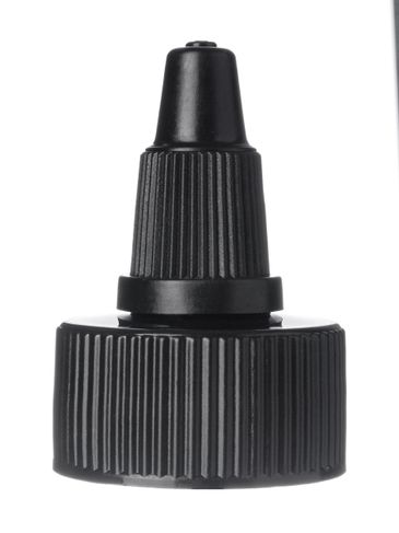 Black HDPE plastic 24-400 ribbed skirt twist-open dispensing lid with LDPE plastic tip and printed heat induction seal (HIS) liner (for PVC and PET containers only)