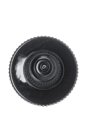 Black HDPE plastic 24-400 ribbed skirt twist-open dispensing lid with LDPE plastic tip and printed heat induction seal (HIS) liner (for PVC and PET containers only)