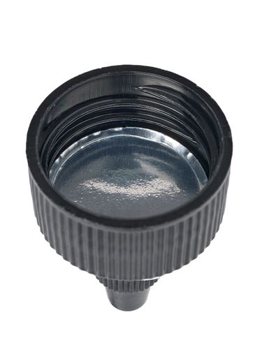 Black HDPE plastic 24-400 ribbed skirt twist-open dispensing lid with LDPE plastic tip and printed heat induction seal (HIS) liner (for PVC and PET containers only)