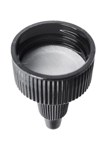 Black HDPE plastic 24-400 ribbed skirt twist-open dispensing lid with LDPE plastic tip and printed pressure sensitive (PS) liner