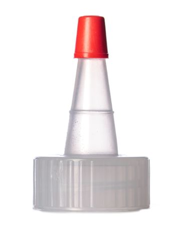 Natural-colored LDPE plastic 24-400 ribbed skirt pre-drilled unlined yorker spout with red tip