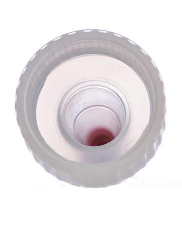Natural-colored LDPE plastic 24-400 ribbed skirt pre-drilled unlined yorker spout with red tip