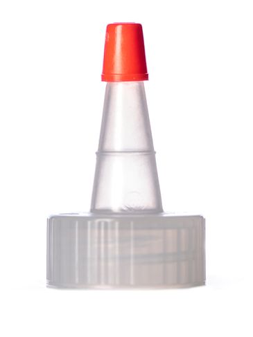 Natural-colored LDPE plastic 24-400 ribbed skirt unlined yorker spout with red tip