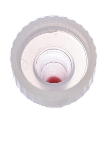 Natural-colored LDPE plastic 24-400 ribbed skirt unlined yorker spout with red tip