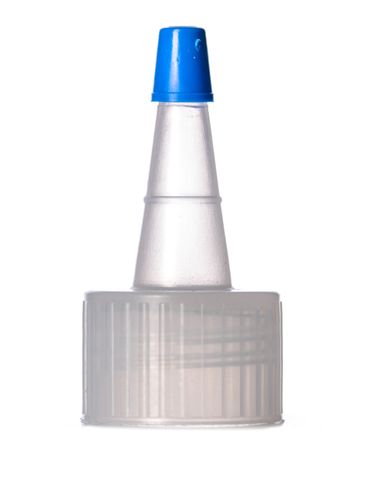 Natural-colored LDPE plastic 24-410 ribbed skirt yorker spout with printed pressure sensitive (PS) liner and blue tip