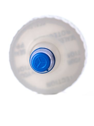Natural-colored LDPE plastic 24-410 ribbed skirt yorker spout with printed pressure sensitive (PS) liner and blue tip