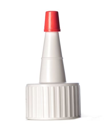 White LDPE plastic 24-410 ribbed skirt unlined yorker spout with red tip