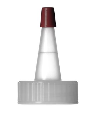 Natural-colored LDPE plastic 28-400 ribbed skirt unlined yorker spout with red tip