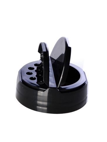 Black PP plastic 53-485 smooth skirt 7-hole flip top sifter spice cap with heat induction seal (HIS) liner (.190 inch orifice)