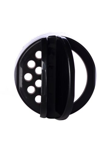 Black PP plastic 53-485 smooth skirt 7-hole flip top sifter spice cap with heat induction seal (HIS) liner (.190 inch orifice)