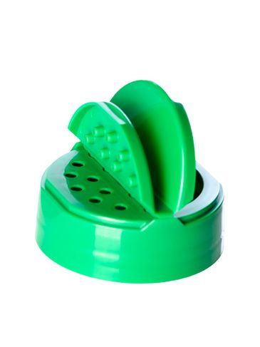 Green PP plastic 53-485 smooth skirt 7-hole flip top sifter spice cap with heat induction seal (HIS) liner (.125 inch orifice)