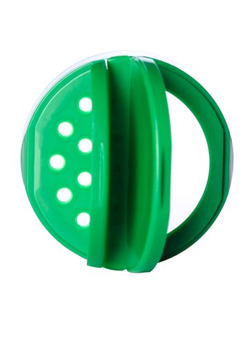 Green PP plastic 53-485 smooth skirt 7-hole flip top sifter spice cap with heat induction seal (HIS) liner (.125 inch orifice)