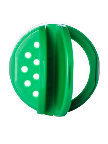 Green PP plastic 53-485 smooth skirt 7-hole flip top sifter spice cap with heat induction seal (HIS) liner