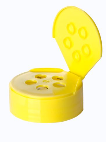 Yellow PP plastic 48-485 smooth skirt 5-hole flip top sifter spice lid with universal heat induction seal (HIS) liner