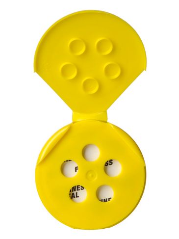 Yellow PP plastic 48-485 smooth skirt 5-hole flip top sifter spice lid with universal heat induction seal (HIS) liner