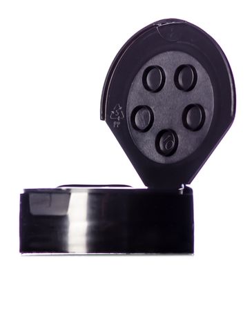 Black PP plastic flip top 5-hole spice lid with heat induction seal liner (HIS) and 48-485 neck finish (0.31 inch orifice)