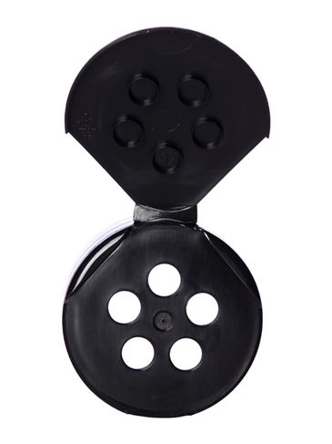 Black PP plastic 48-485 smooth skirt flip top 5-hole spice lid with heat induction seal (HIS) liner (0.300 inch orifice)
