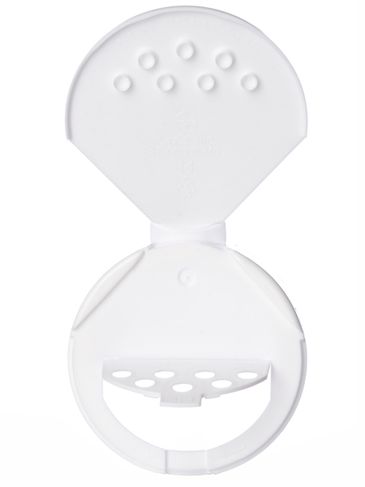 White PP plastic 63-485 smooth skirt 7-hole flip top sifter spice lid with universal heat induction seal (HIS) liner