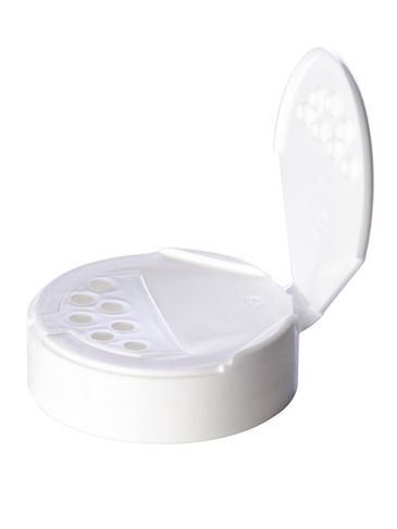 White PP plastic 63-485 smooth skirt 7-hole flip top sifter spice lid with universal heat induction seal (HIS) liner