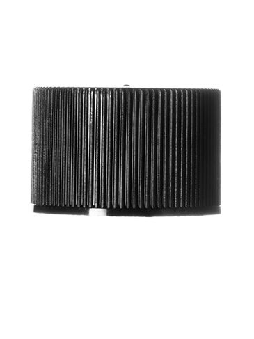 Black PP plastic 24-410 ribbed skirt lid with printed universal heat induction seal (HIS) liner
