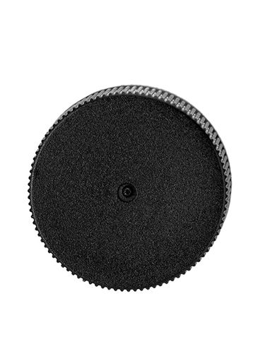 Black PP plastic 24-410 ribbed skirt lid with printed universal heat induction seal (HIS) liner