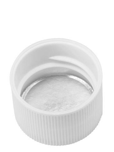 White PP plastic 24-410 ribbed skirt lid with 2-piece heat induction seal (HIS) liner (for HDPE, MDPE, and LDPE plastic containers only)