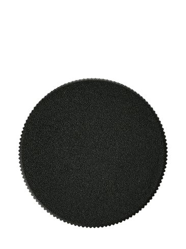 Black PP plastic 33-400 ribbed skirt lid with printed universal heat induction seal (HIS) liner