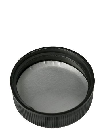 Black PP plastic 33-400 ribbed skirt lid with printed universal heat induction seal (HIS) liner