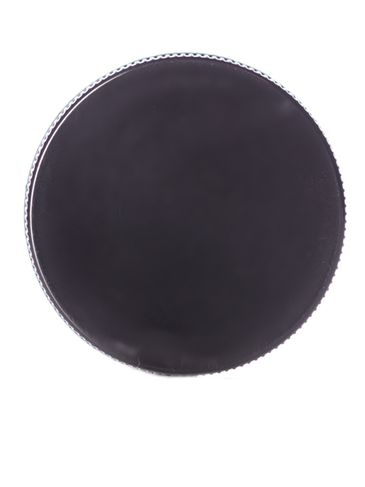 Black PP plastic 33-400 ribbed skirt lid with printed universal heat induction seal (HIS) liner