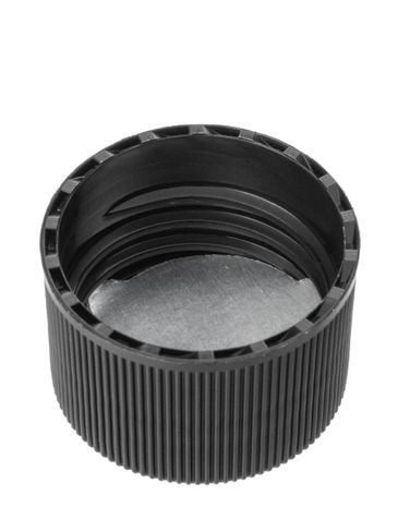 Black PP plastic 24-410 ribbed skirt lid with unprinted universal heat induction seal (HIS) liner (tri-tab)