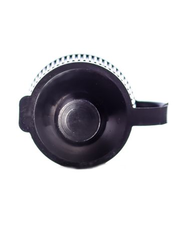 Black PP plastic 15-410 ribbed skirt dispensing lid with strap cap