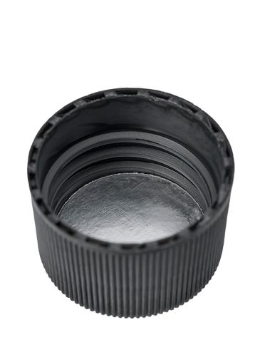 Black PP plastic 24-410 ribbed skirt lid with heat induction seal (HIS) liner (for PET and PVC containers only)