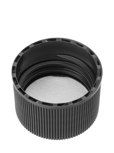 Black PP plastic 24-410 ribbed skirt lid with unprinted heat induction seal (HIS) liner (for HDPE, LDPE and MDPE containers only)