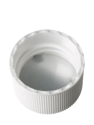 White PP plastic 24-410 ribbed skirt lid with tri-tab heat induction seal (HIS) liner (for PET and PVC containers only)