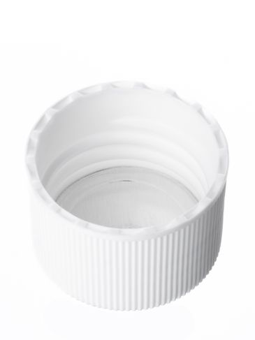 White PP plastic 24-410 ribbed skirt lid with 2-piece unprinted heat induction seal (HIS) liner (for HDPE, LDPE and MDPE containers only)