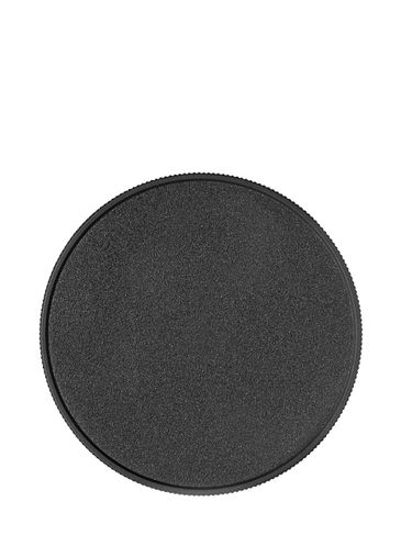 Black PP plastic 89-400 ribbed skirt lid with unprinted pressure sensitive (PS) liner