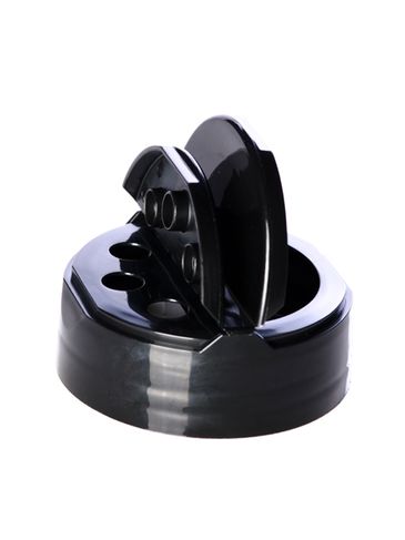 Black PP plastic 53-485 smooth skirt 3-hole flip top sifter spice cap with heat induction seal (HIS) liner (.300 inch orifice)